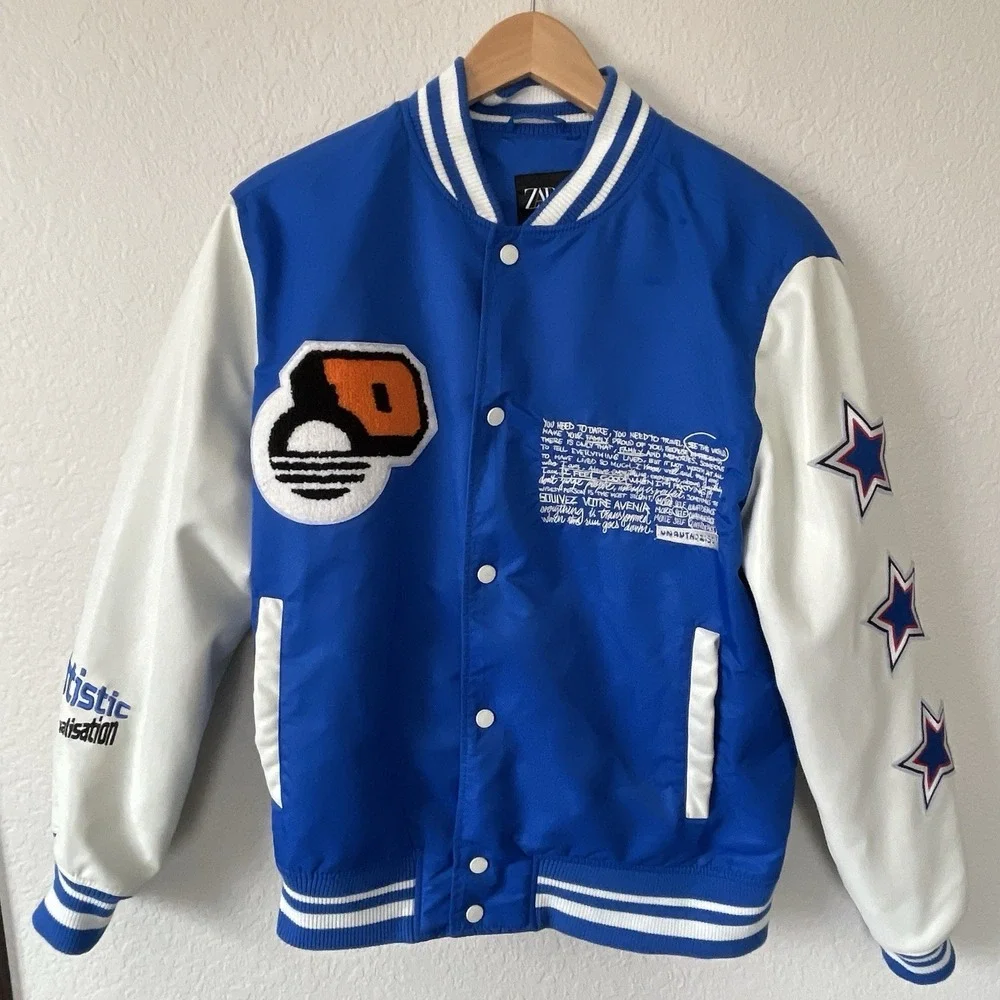 Zara Capturing The Essence Varsity Bomber Jacket Mens M Blue Graphics Academia